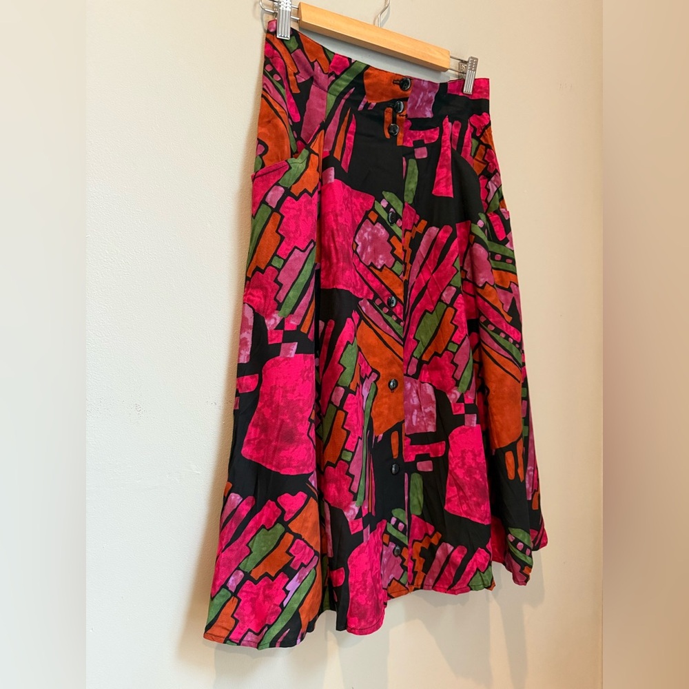 VINTAGE 80s Midi Abstract Art Work -  Front Button Closure Skirt - S - Picture 3 of 11